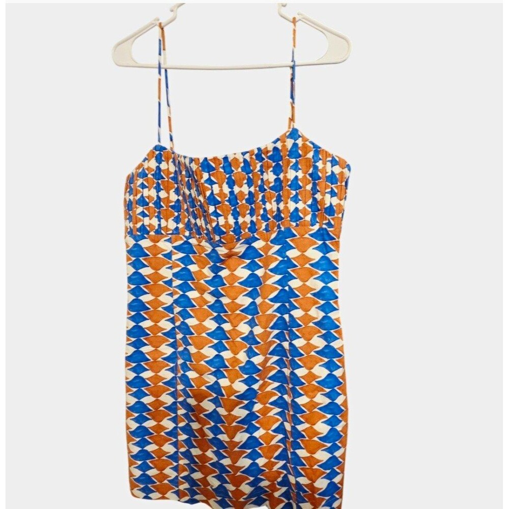 Anthropologie Women’s 12 Geometric Mini Dress Blue Brown White Strappy Pleated